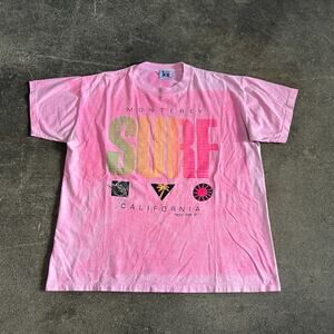 Vintage 80s Monterey Surf T Shirt Size L Made in USA Pink Graphic Faded